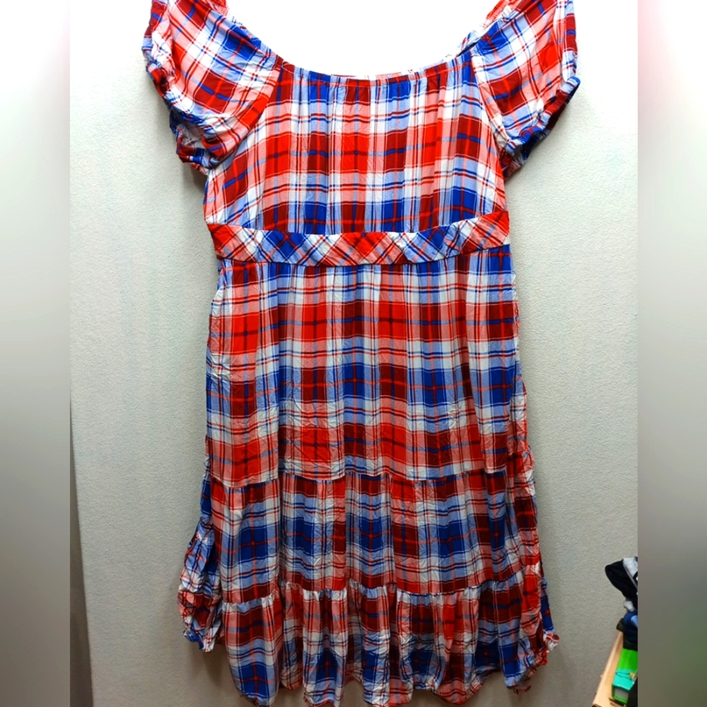 Torrid Challis Puff Sleeve Tiered Maxi Dress Plaid Red & Blue 4 4X 26 #B47250